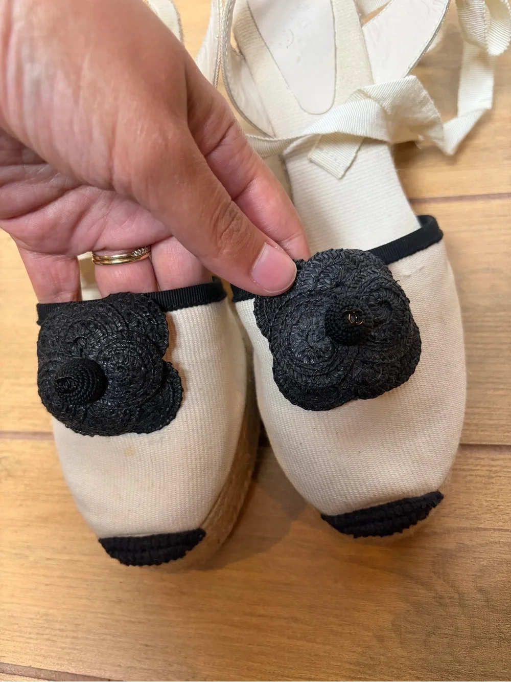 Chanel Cream and Black Camellia Flower Espadrille Wedges Ballerina Ribbon Ties